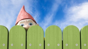 Garden gnome peeking over a green fence, 3D Rendering